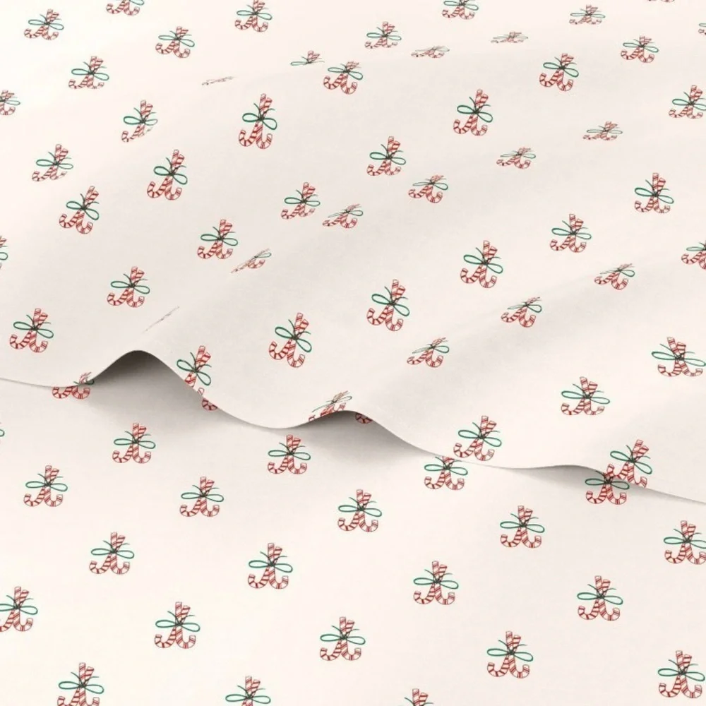 Candy Cane Print Christmas Cotton Sateen Cream Queen Bedding Set